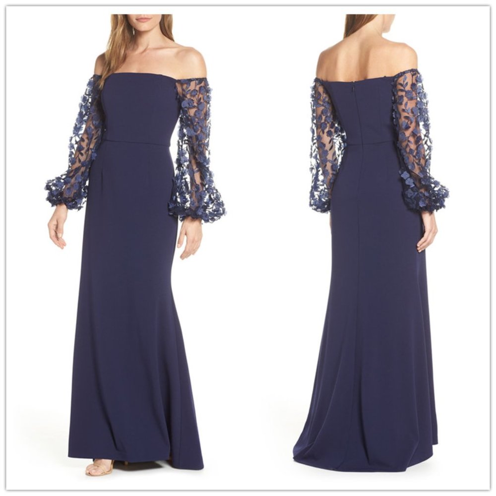 Eliza J Off The Shoulder 3d Floral Sleeve Scuba Crepe Gown